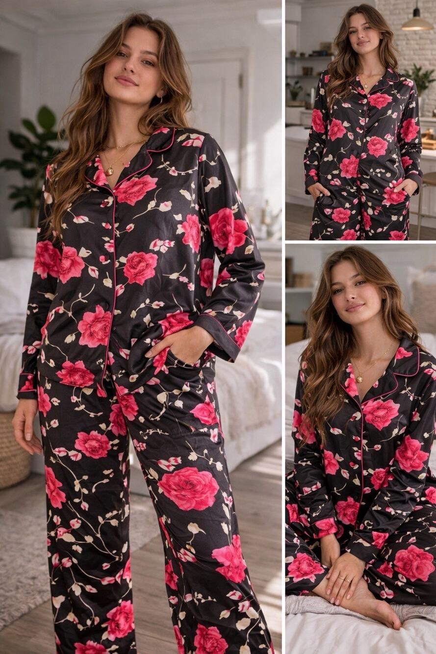 Lonxu Womens Size Large Black Floral Pajama Set Of Longsleeve Shirt And Pants